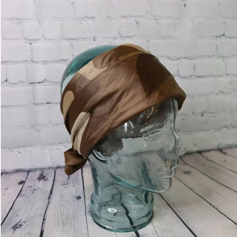 Vintage Italian Scarf – 60s Acetate Brown Wavy Print Headscarf Made in Italy